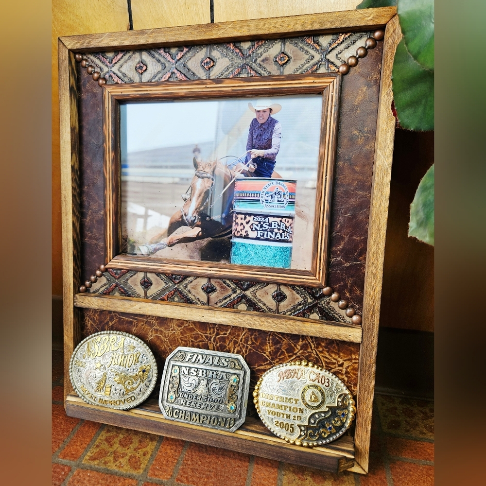 Framed Rustic Leather Accent Plaque with Bronze Trim - Brown